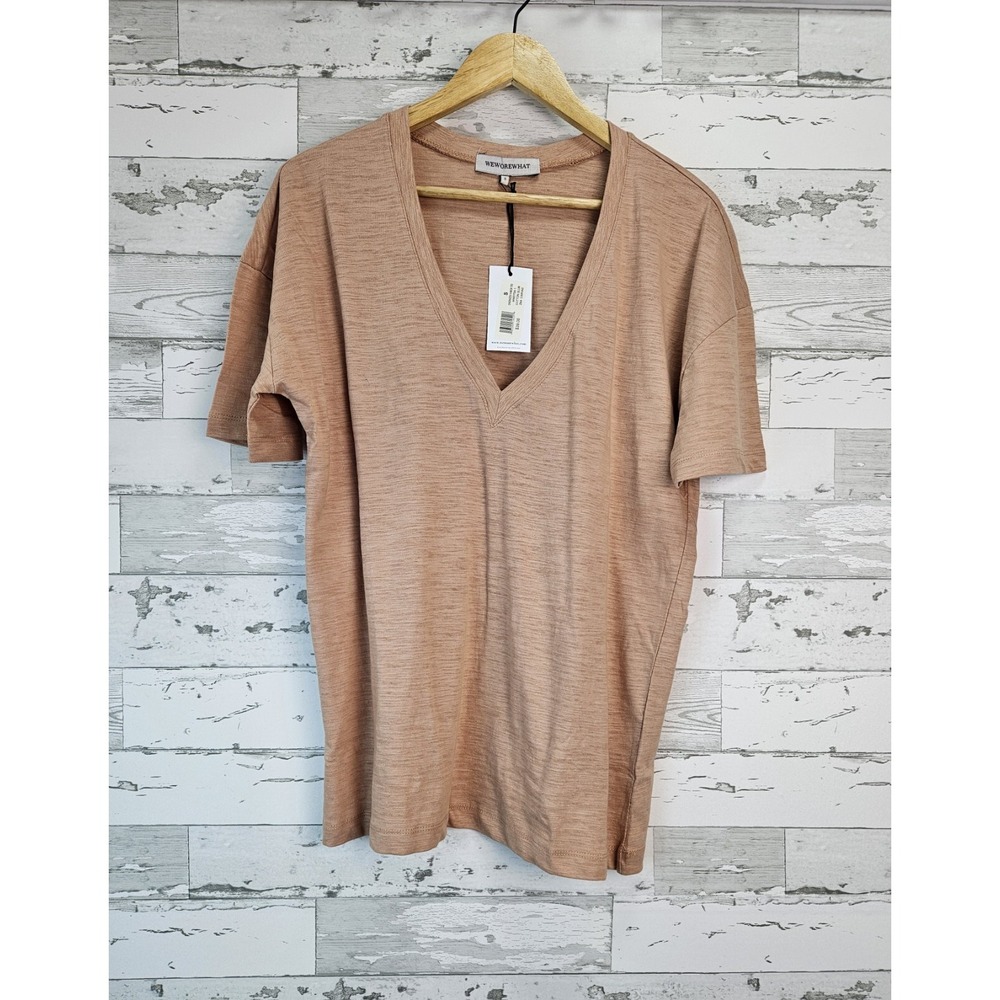 WeWoreWhat Oversized V-Neck Tee Tan Cotton Slub Short Sleeve S